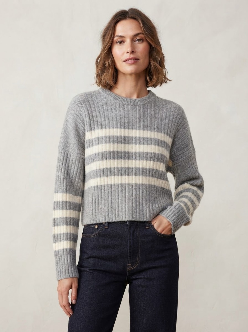 Pink Republic Grey & Cream Striped Ribbed Crewneck Sweater